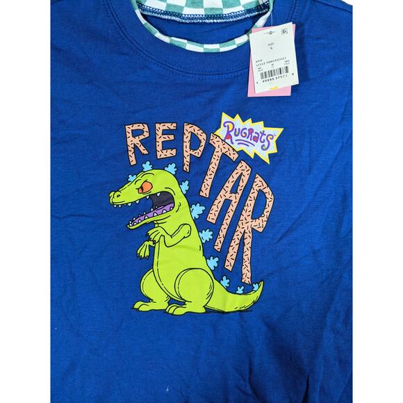 Rugrats Reptar Long Sleeve Dinosaur TShirt Nickelodeon Blue Checkered S Crew Tee - Picture 3 of 9